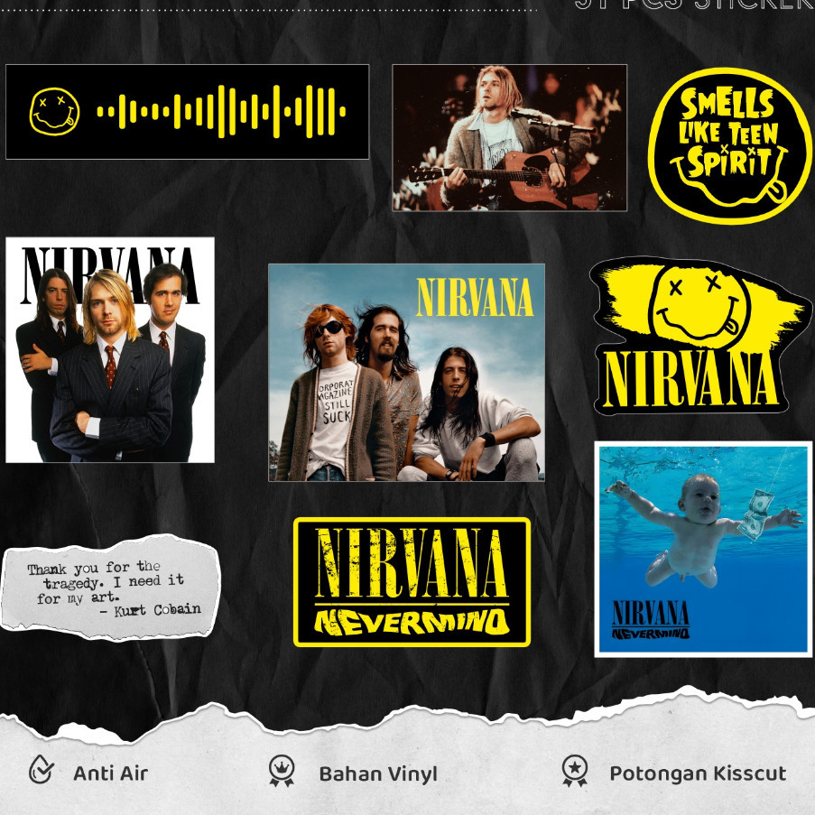 

31 PCS Sticker Band Nirvana Kurt Cobain Untuk Motor Helm HP Laptop Scrapbook Diary Journal
