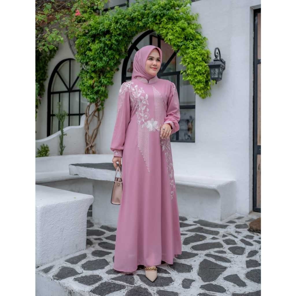 Gamis Set Hijab Segi Empat Mewah Elegan  Model Lengan Balon Bahan Ceruty Babydoll Premium Motif Bord