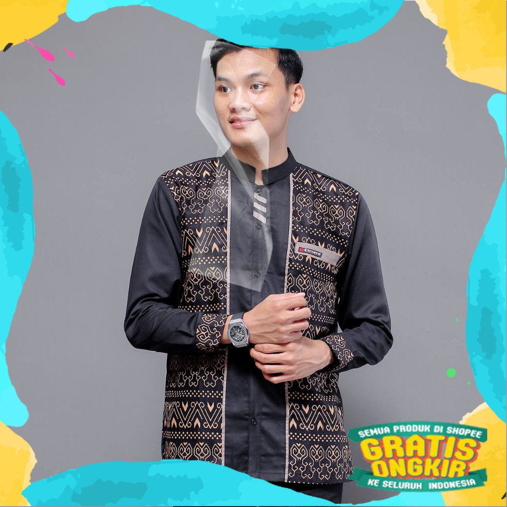 Baju Koko Pria Lengan Panjang Motif Dayak Kombinasi Batik Original Elrumi Warna Hitam/ Gemoy