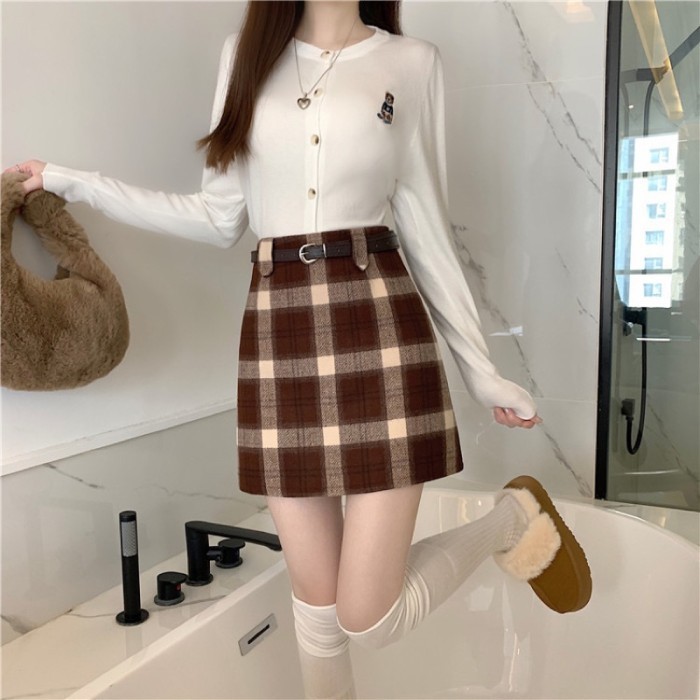 ROK MINI WANITA KOTAK2 MINI SKIRTS PENDEK GAUN FREE BELT MX688 - Hitam, S
