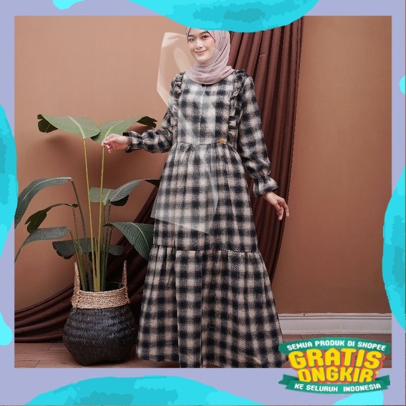 GAMIS FLANEL ALYA DRESS IMPORT PREMIUM TERLARIS COD TARTAN KOTAK BIG SIZE JUMBO POLOS NOORA/Ramdhan 