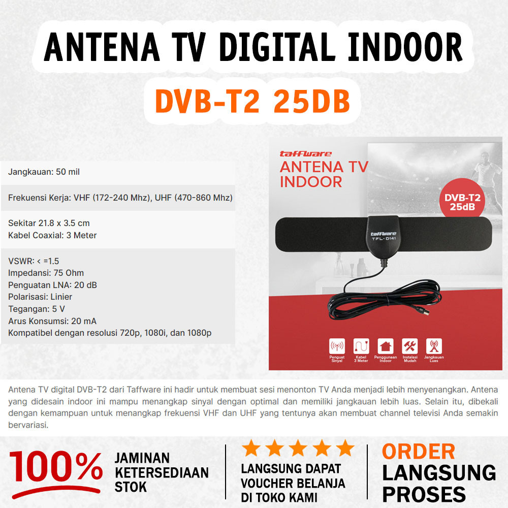 Antena TV Digital | Indoor DVB-T2 High Gain 25dB Kabel 3 Meter - Black