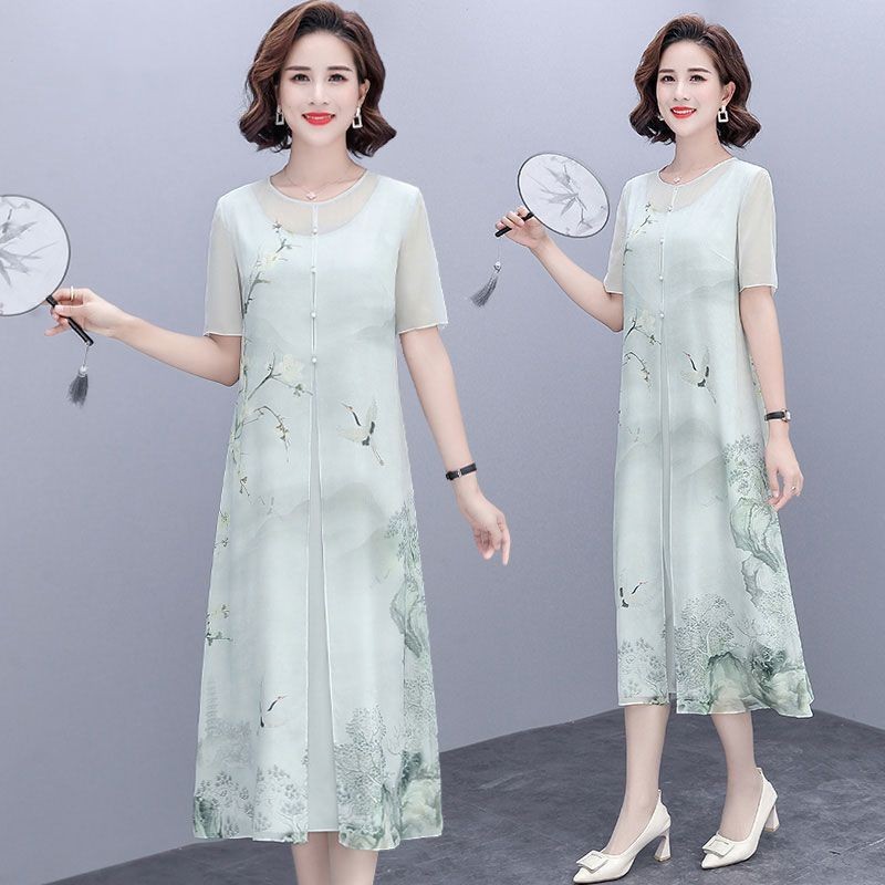 Pakaian Musim Panas Ibu Gaya Cina Palsu Dua Potong Pakaian Wanita Setengah Baya Gaya Barat Lengan Pe