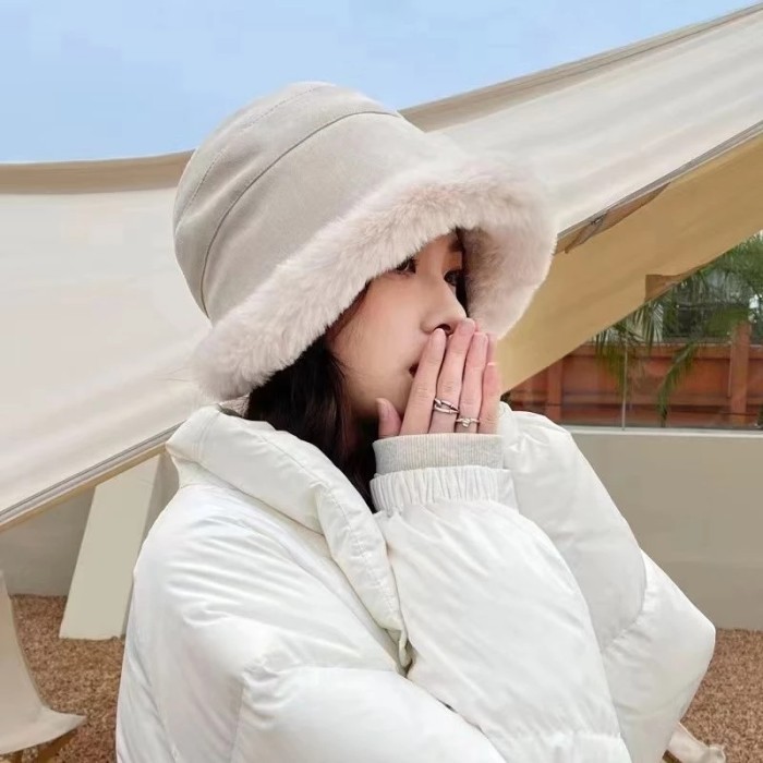 Topi Bucket Bulu Wool Hangat Wanita Korea Import Winter Bucket Hat - Caramel