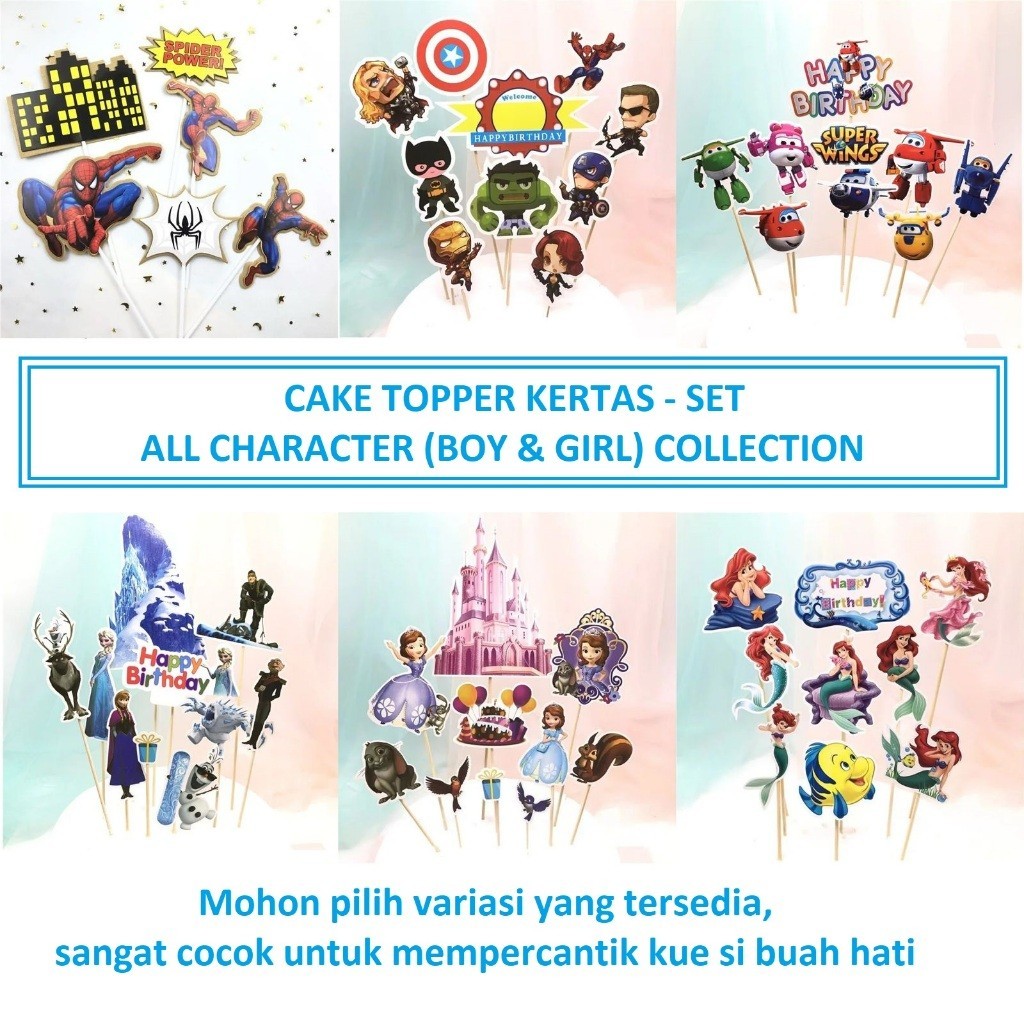 CAKE TOPPER KERTAS SET CHARACTER CARTOON SUPER HERO DISNEY PRINCESS ELSA FROZEN BELLE SPIDERMAN MICK