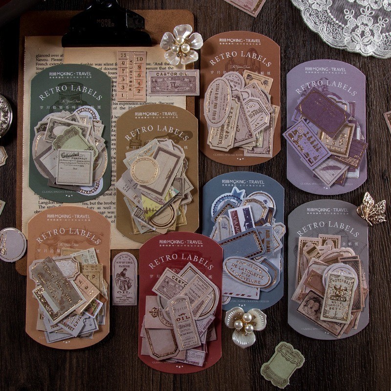 

[Gongjin] 30pcs Sticker Retro Labels / Stiker Estetik Vintage Hot Print Emas DIY Hiasan Scrapbook
