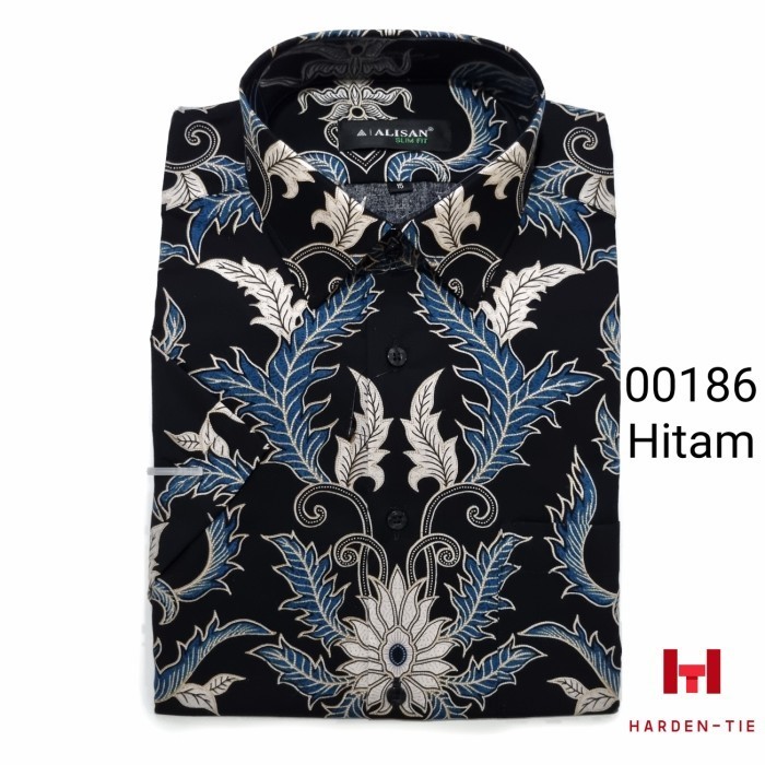 Kemeja batik pendek alisan slimfit - Hitam, S