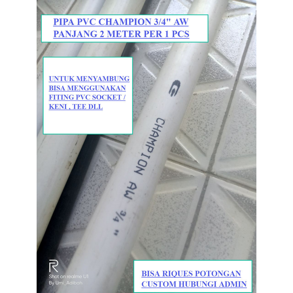 Pipa PVC CHAMPION 3/4" Inch AW Panjang per 2 Meter Pipa Paralon murah - Pipa Kuat Tanpa Timbal