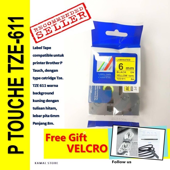 

TZE 611 P Touch tape label KUNING 6mm compatible BROTHER