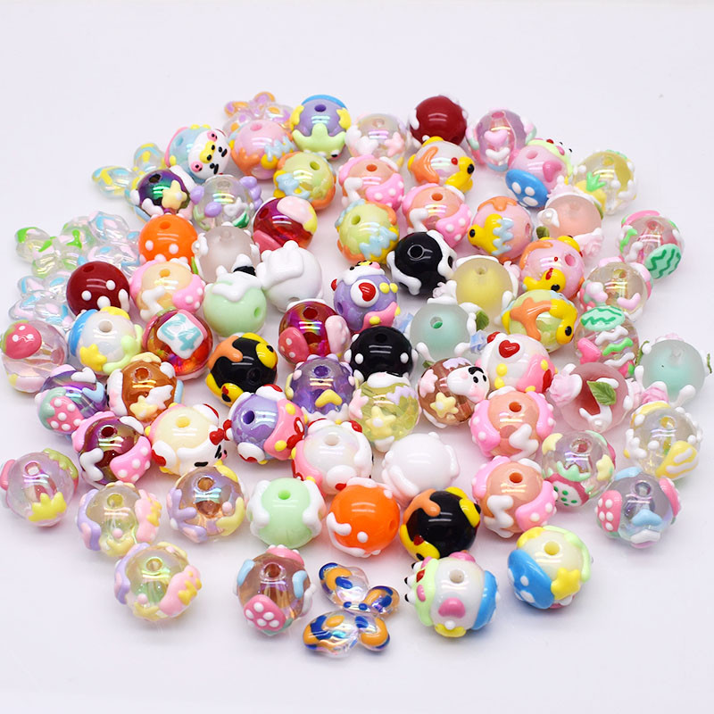 

10pcs/bag Fashion Hand Drawn Cartoon Painting Acrylic Beads Loose Beaded DIY Handmade DIY Bracelets Keychains Mobile phone chain