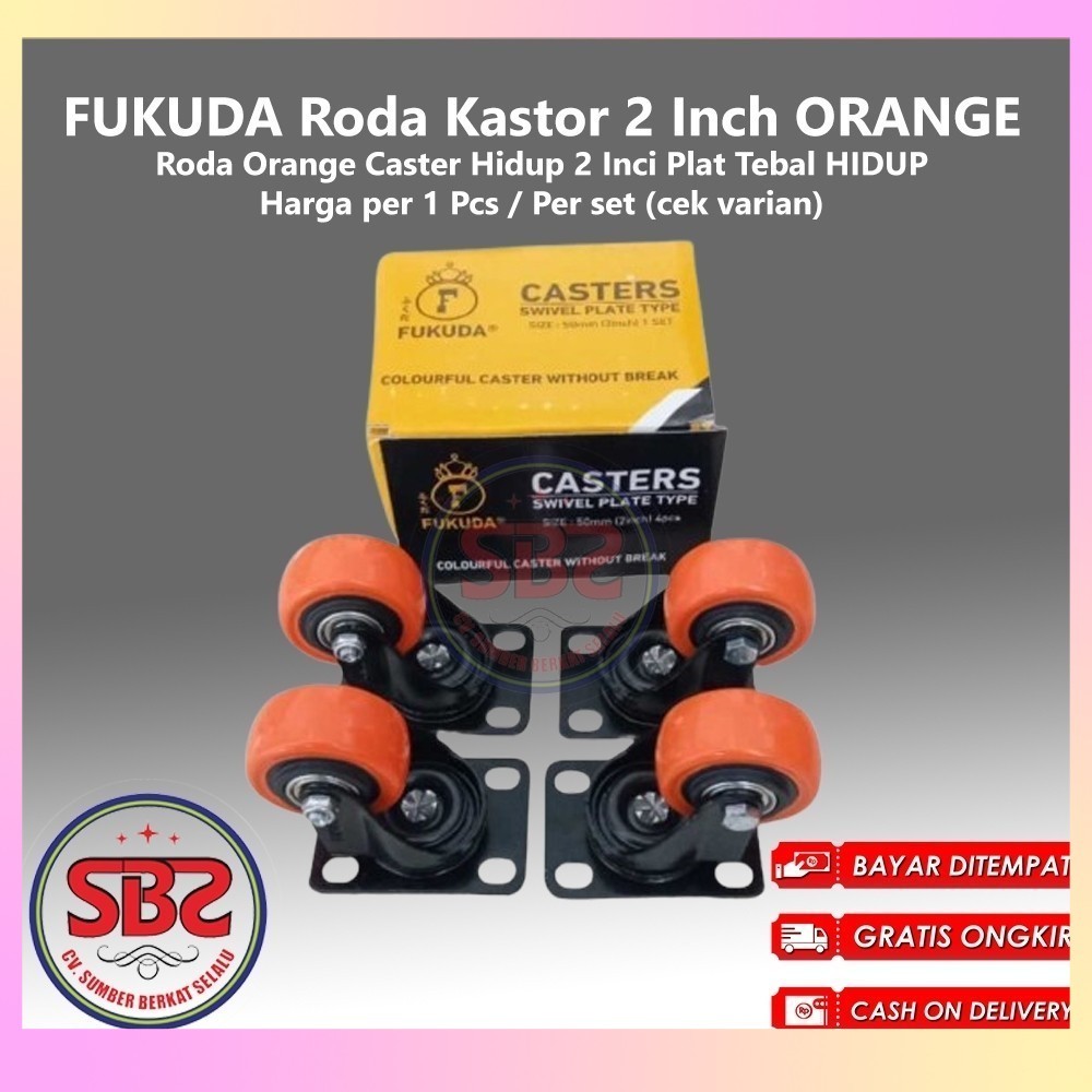 FUKUDA Roda Kastor 2 Inch ORANGE TEBAL Hidup TANPA REM / Castor Swifel Plate Etalase Troli PER SET -