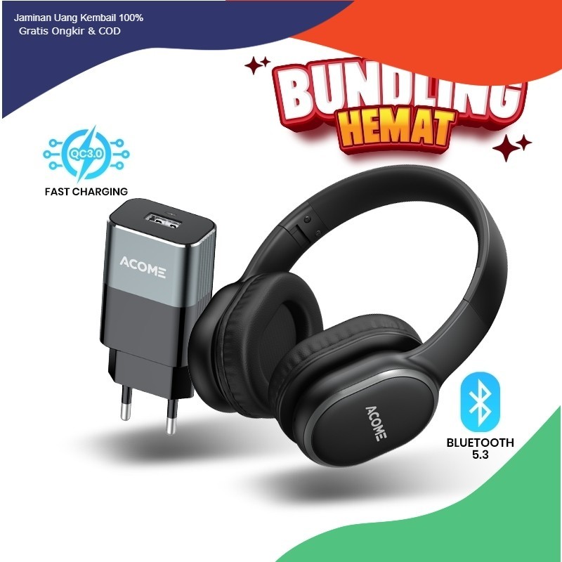 tocao.id ACOME  Bundling Headphone Tune H2 Bluetooth 5.3 + Charger AC01 3a Fast Charging Original - 