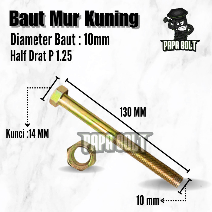 Baut Mur Hexagon Kuning BMK Hex M10x130 / 10x130 10mm Kunci 14