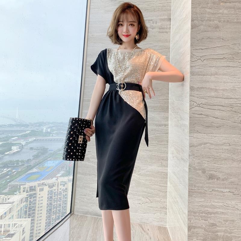 Spliced sequin waistband elegant dress for women