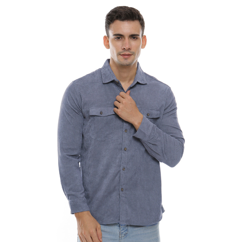 Kemeja Polos Pria Kodorai Lengan Panjang Kantong Dua Warna Abu OLR819