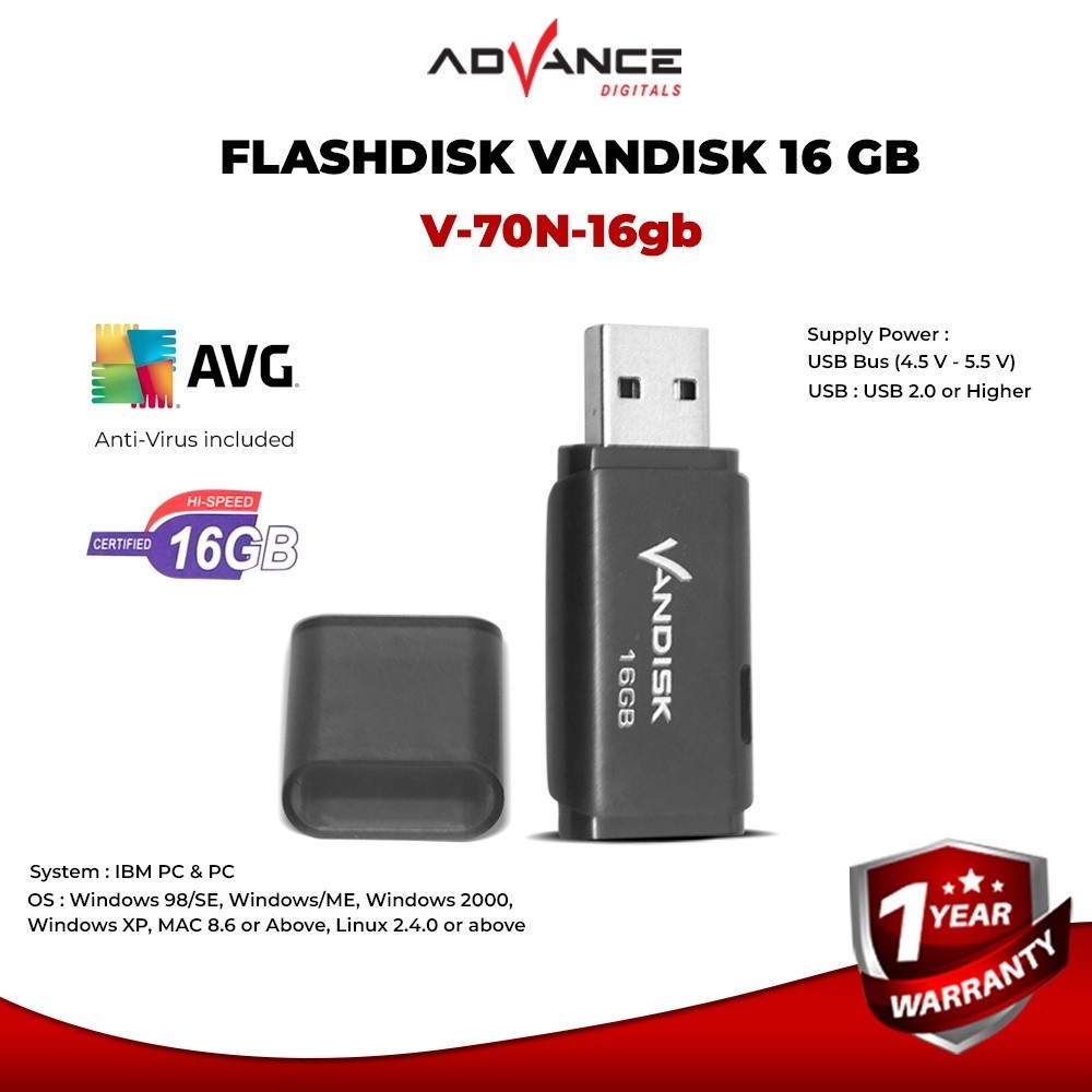 Advance Flash Disk V70 / Vandisk 16GB Hitam  Garansi Resmi Advance - Garansi Resmi 1 Tahun