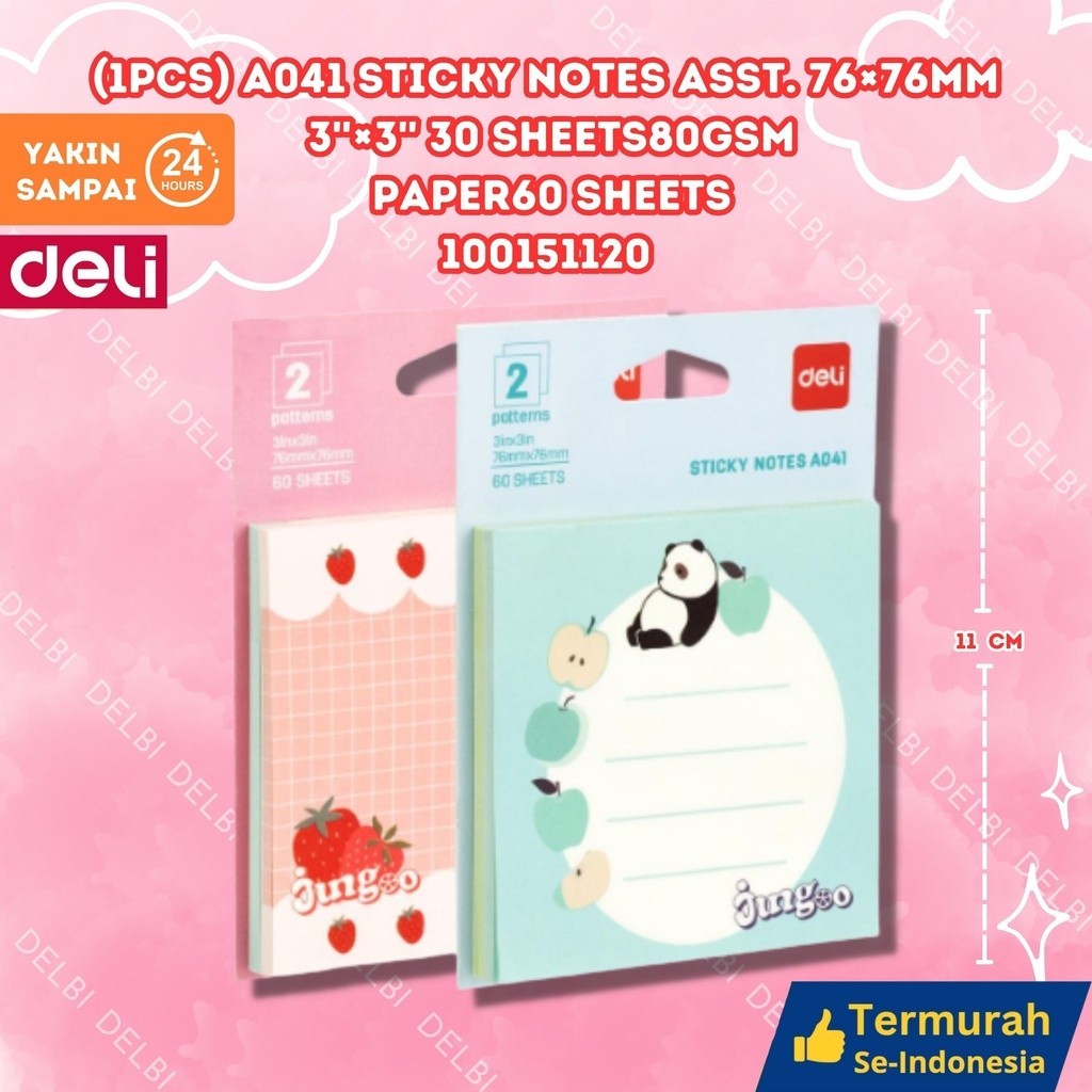 

Deli Sticky Notes / Memo Tempel Lucu 60 Lembar Merekat Kuat EA041 (1pcs) A041 Sticky Notes Asst. 76×76mm 3''×3'' 30 sheets 80gsm