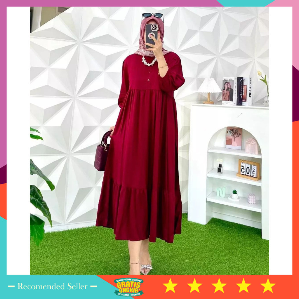 PROMO TERMURAH PAKAIAN MUSLIM LEBARAN IDUL FITRI PREMIUM / NAYA MIDI DRESS BAHAN LINEN PREMIUM//MIDI