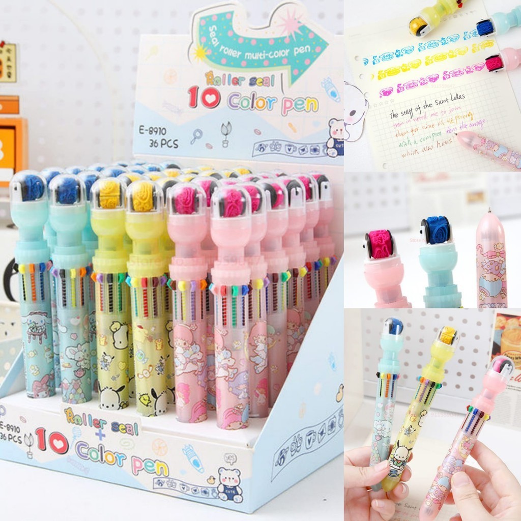 

STIPPA 10 In 1 Multi Color Pen Dengan Stempel Rol Karakter Pena Ballpoint Fancy ATK Stationery Sekolah Kantor Strawberry Bear San rio Lotso