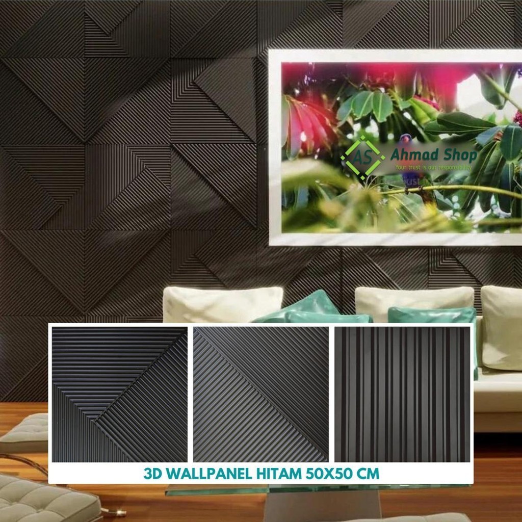3D Wallpanel 50x50 cm Hitam Dinding PVC Solid Wallpaper Dinding Dekorasi Premium Wall Panel Estetik 
