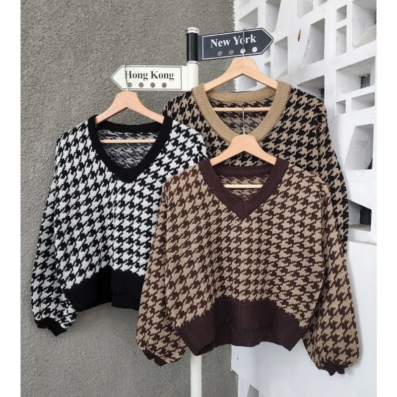 AUTUMN CROP TOP SWEATER HOUNDSTOOTH RAJUT V NECK WANITA TRENDY