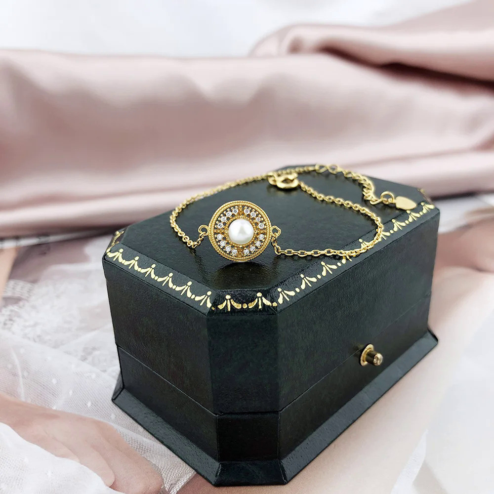 LAMOON S925 Gelang Perak Murni untuk Wanita Mutiara Air Tawar Alami 14K Berlapis Emas Perhiasan Gela