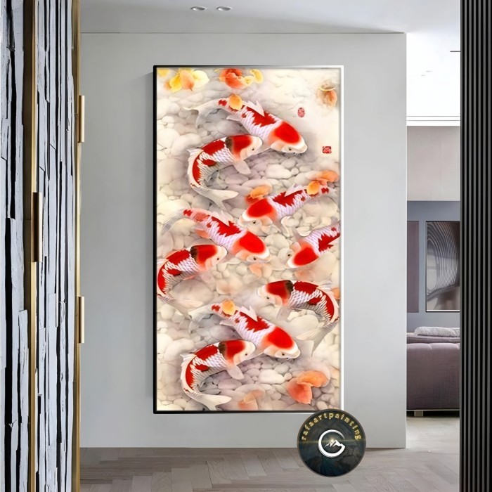 Lukisan dinding ikan koi fengsui modern ukuran 200×100cm plus bingkai