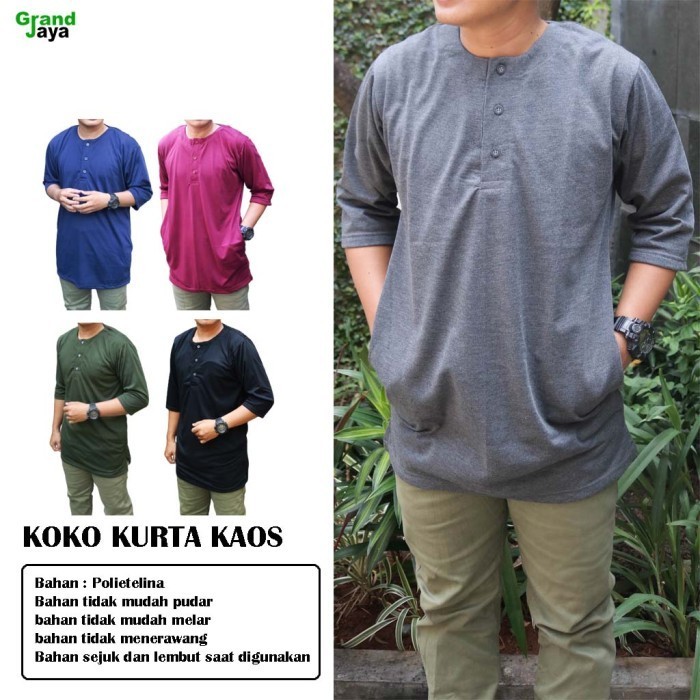 Koko Kurta Pakistan Bahan Kaos Lengan 3/4 Kasual Baju Muslim Pria - Navy, 2XL