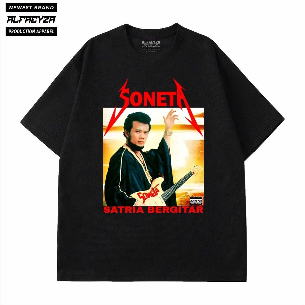 Alfaeyza t-shirt Soneta rhoma irama satria bergitar  kaos unisex bahan katun warna hitam dan putih b