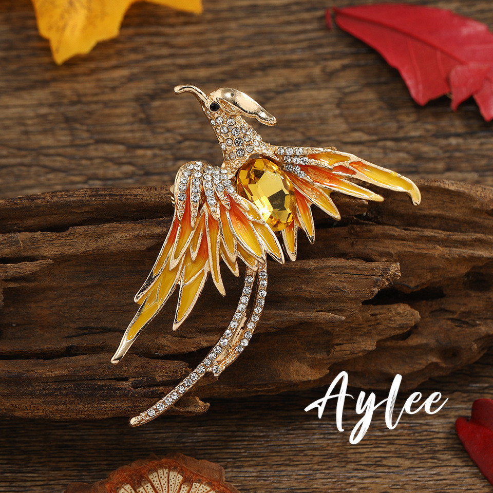[Aylee]Emas Enamel Phoenix Bros Wanita Paduan Berlian Imitasi Berlian Imitasi Vermilion Bros Burung 