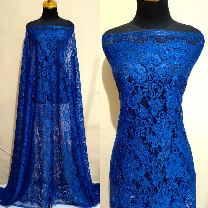 Bakal Kain Kebaya Brokat Semi Prancis Katun Warna Biru Elektrik