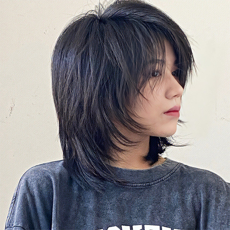 Wig Pria Gaya Jepang, Rambut Palsu Anak Perempuan, Ekor Serigala, Potongan Poni Tengah, Realistis, P