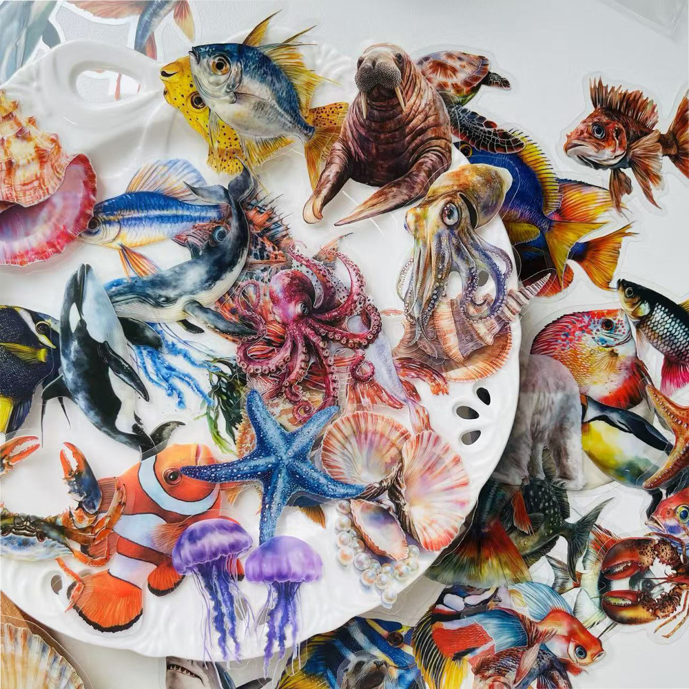 

50pcs sea creature stickers cartoon fish transparent decoration luggage laptop fishing box DIY skateboard guitar stickers