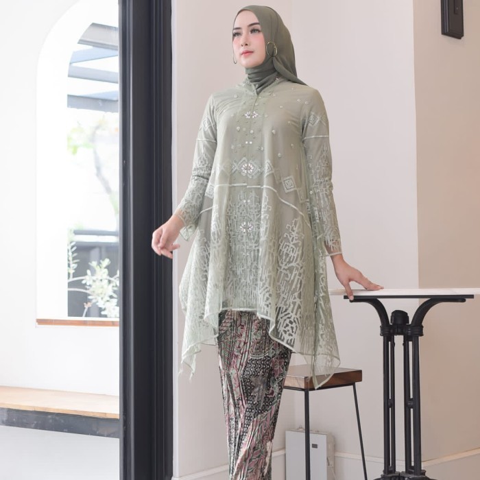 "V.NLN" - set kebaya Kartini umbrella Tile mix Payet / kebaya wanita(Busui) - Sage, Set M