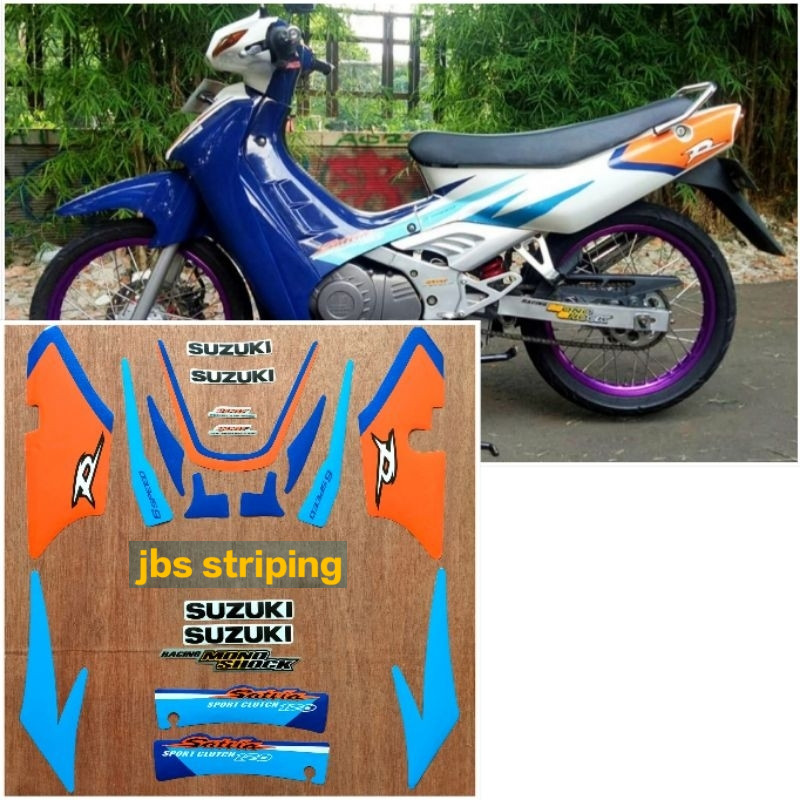 stiker satria 2 tak striping Suzuki Satria R lumba 2tak biru putih tahun 2000 2001