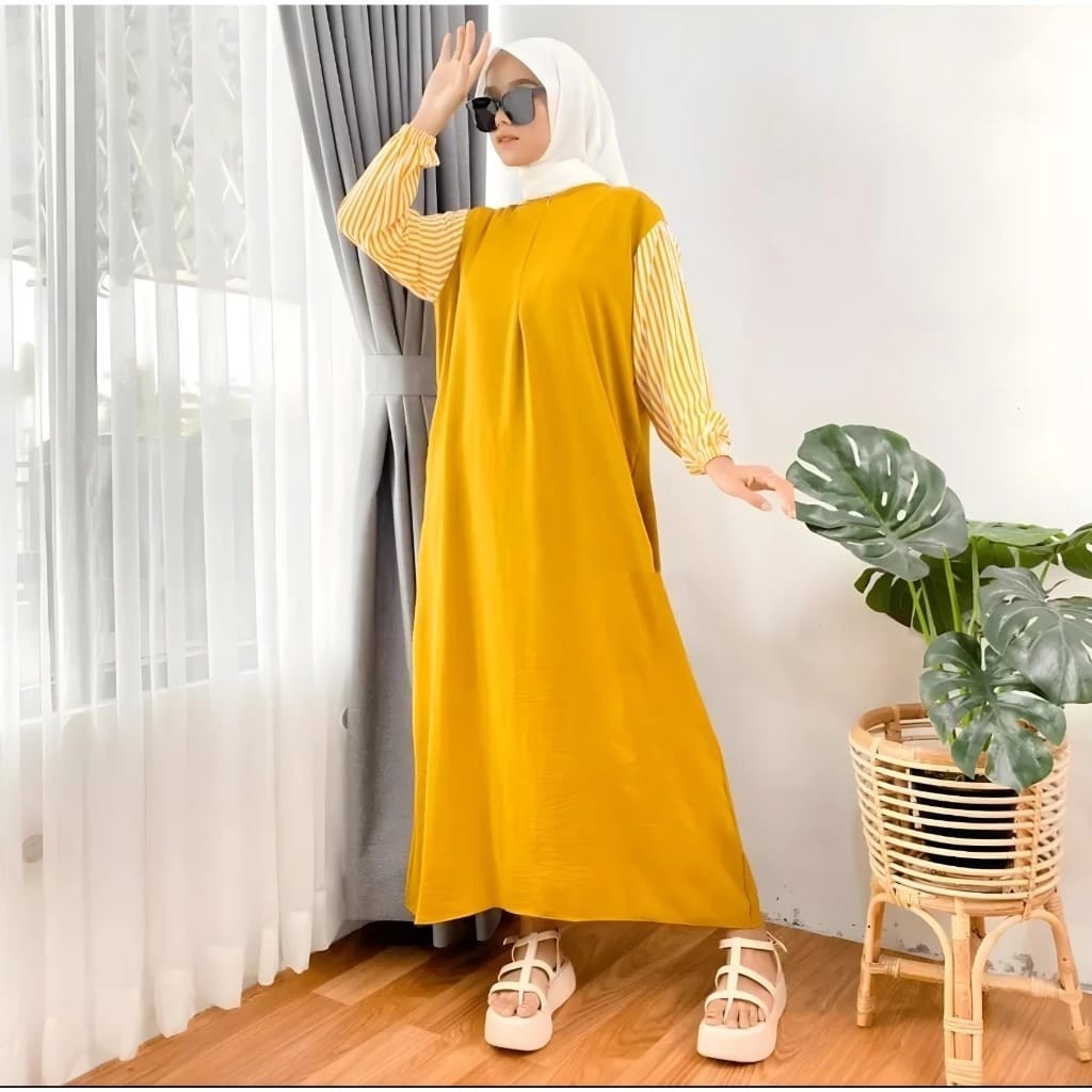 LISHA MIDI DRESS GAMIS CRINKLE KOMBINASI SALUR RAYON PREMIUM BUSUI FRIZY