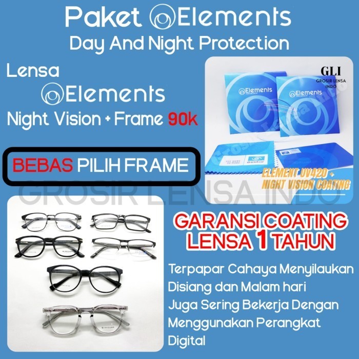 Paket Lensa Essilor Elements Anti Blueray & Night vision + Frame