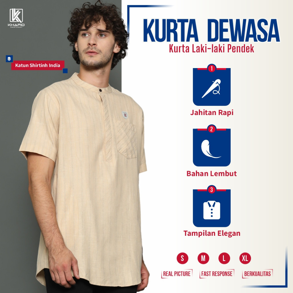 MURAH  Baju Koko Kurta Pria Dewasa Lengan Pendek Atasan Kemeja Muslim Bahan Katun Shirtinh India KF1