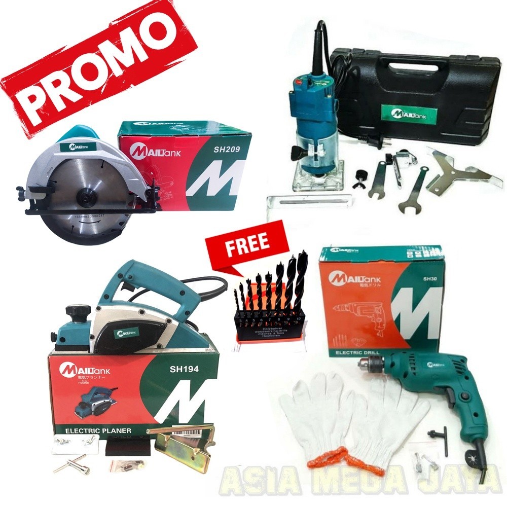 PAKET TUKANG KAYU |4 ITEM|| CIRCULAR  ,BOR 10MM MAILTANK,PLANER RETTO,TRIMMER MAILTANK