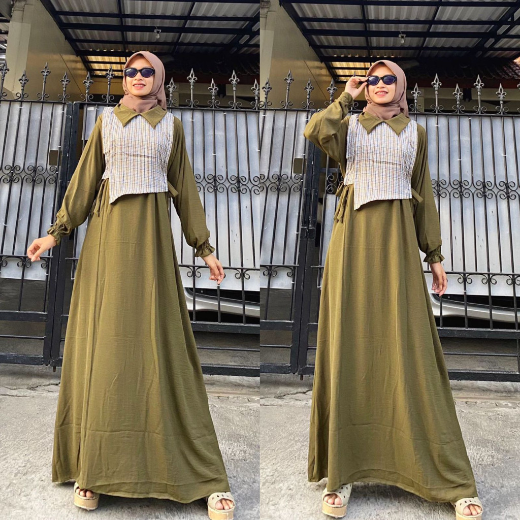 Baju Gamis Wanita Polos  Simple Elegan Modis Modern Kombinasi Model Terbaru 2024 Sekarang Gamis Inara Crincle AIrflow/Rompi Kotak Kekinian LD 105