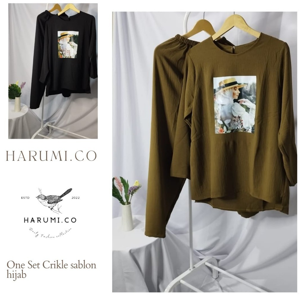 One Set Crinkle Airflow / Setelan Crinkle Sablon Terbaru