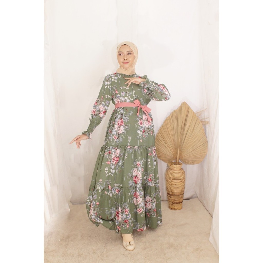 Humaira maxi Dress Baju Gamis wanita muslim busui Jumbo motif bunga - Abu-abu, M