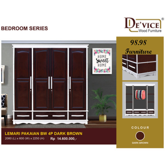 DEVICE Lemari Pakaian BW / Wardrobe Kayu 4 Pintu Model Minimalis / Lemari baju Free Antar & Rakit - 