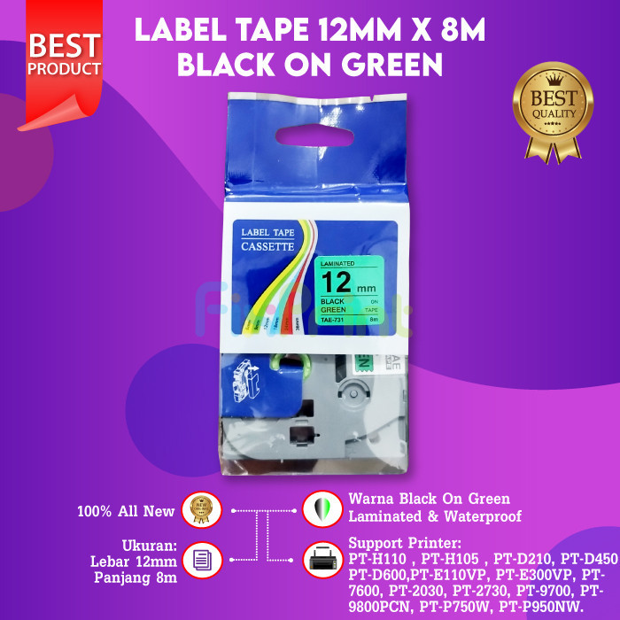 

Label Tape TZE 731 12mm X 8m Black On Green Bro PT E300VP PT P950NW