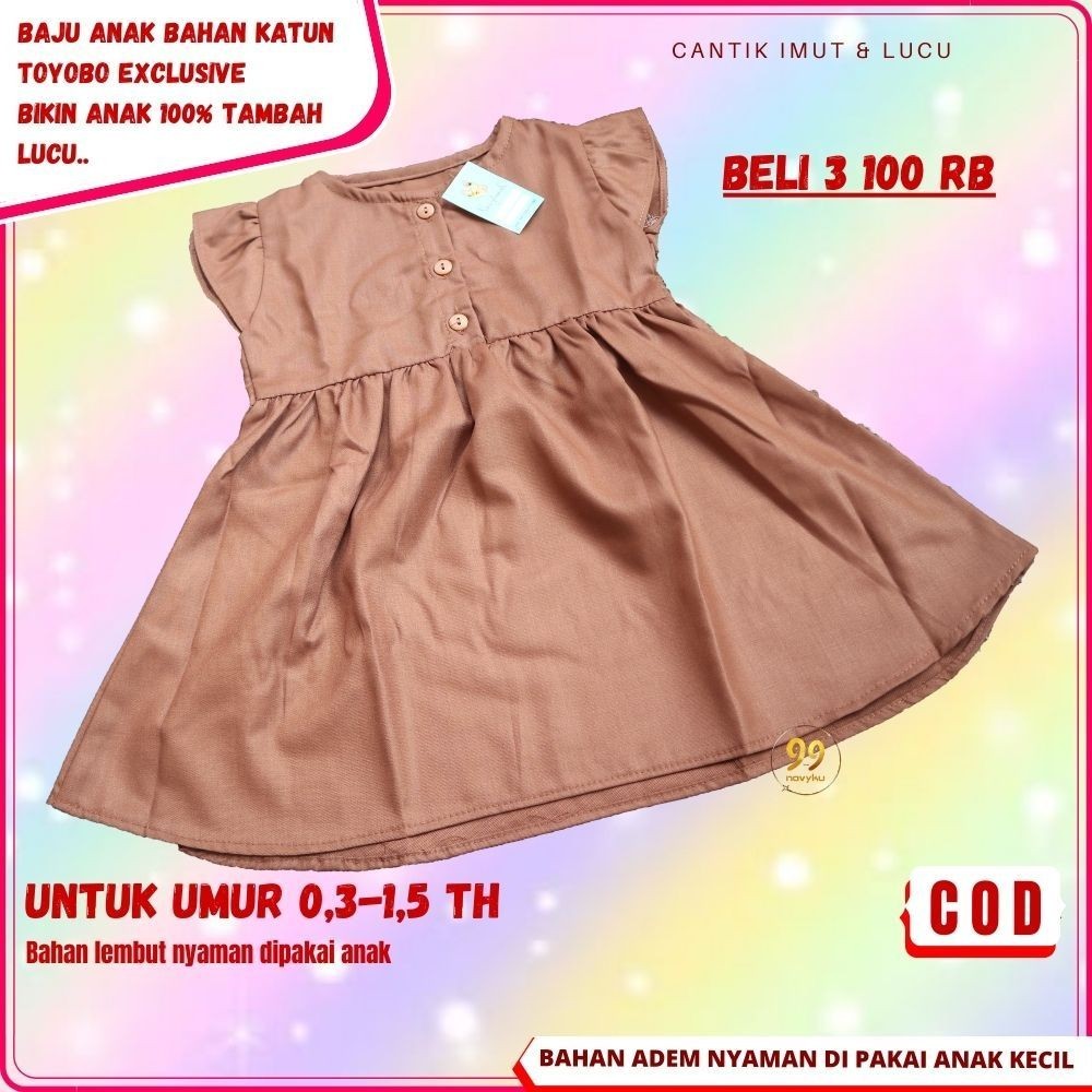 Baju Dress Bayi Anak Perempuan Umur 0,5 - 1,5 tahun Simple lucu polos bahan katun toyobo Adem Beli 3