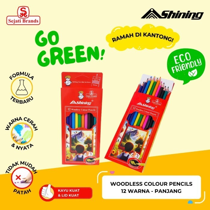 SHINING Pensil 12 Warna Woodless | Pensil Warna Non Toxic