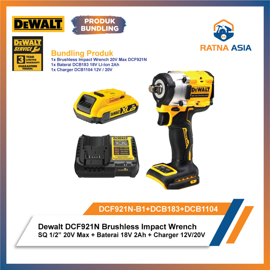 Dewalt DCF921N Cordless Impact Wrench 20V + DCB183 Baterai 20V 2Ah XR + DCB1104 Charger 12V / 20V