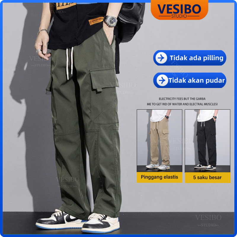 GT65R Celana Cargo Pria Celana Gombrang Korean Style Wide Leg Pants Celana Panjang Pria Cargo Longga