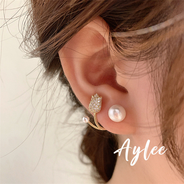 [Aylee]Anting-anting Mutiara dan Berlian Bunga Tulip Anting Mata Kucing Emas Wanita Y265