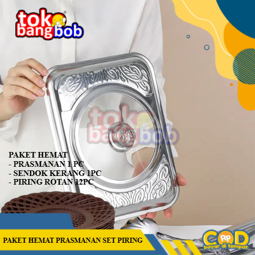 Paket Combo Prasmanan Stainless Sendok Kerang Dan Piring Rotan 1 Lusin
